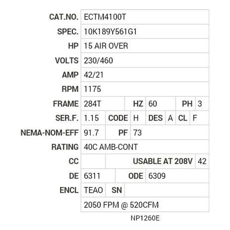 ECTM4100T Baldor 15 AIR OVER HP, 1175 RPM, 3 PH, 60 HZ, 284T, 1046 Motor Nameplate - view 2