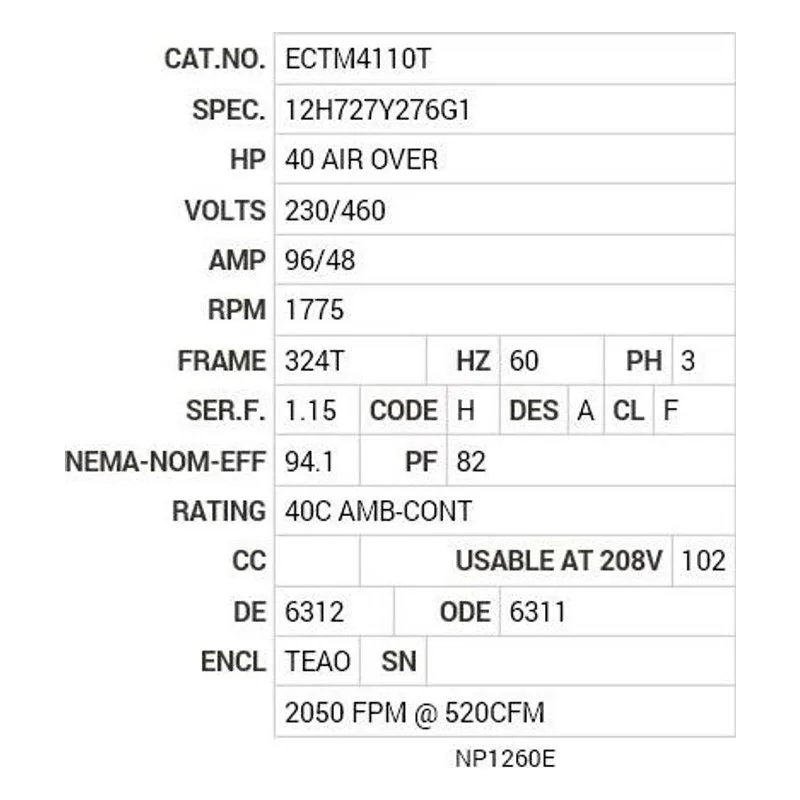 ECTM4110T Baldor 40 AIR OVER HP, 1775 RPM, 3 PH, 60 HZ, 324T, 1254 Motor Nameplate - view 2