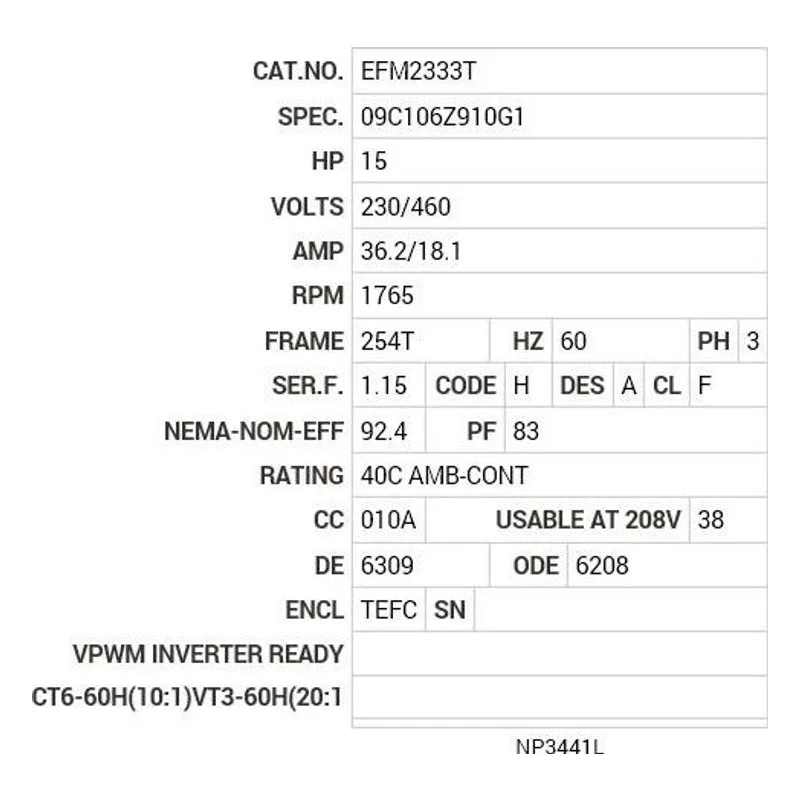 EFM2333T Baldor 15 HP, 1765 RPM, 3 PH, 60 HZ, 254T, 0944M, TEFC, F2 Motor Nameplate - view 2