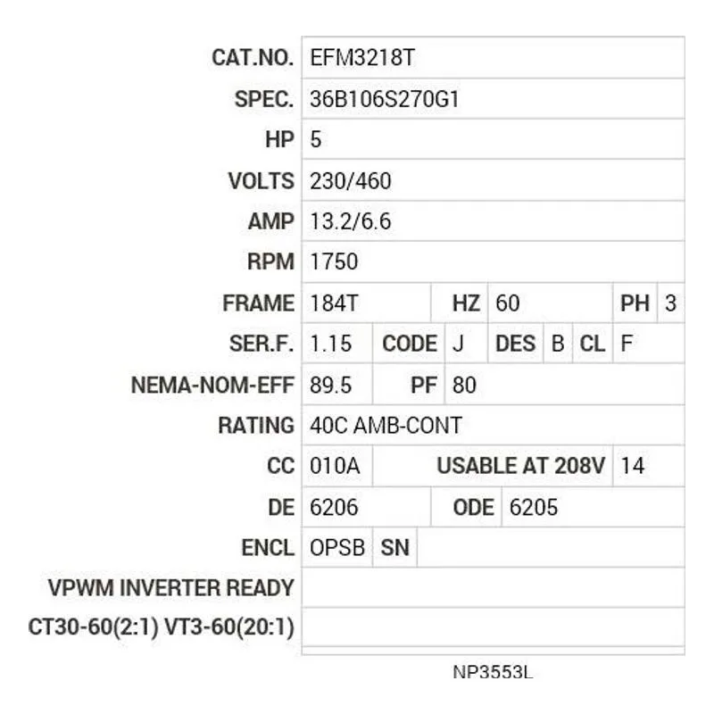 EFM3218T Baldor 5 HP, 1750 RPM, 3 PH, 60 HZ, 184T, 3640M, OPSB, F2 Motor Nameplate - view 2