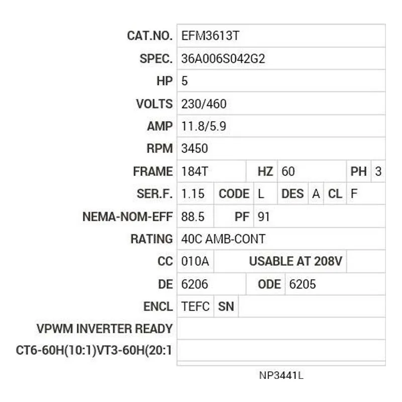 EFM3613T Baldor 5 HP, 3450 RPM, 3 PH, 60 HZ, 184T, 3630M, TEFC, F2 Motor Nameplate - view 2