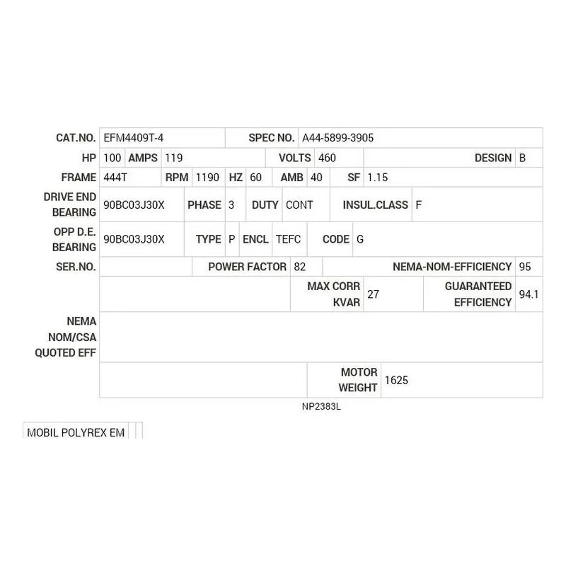 EFM4409T-4 Baldor 100 HP, 1190 RPM, 3 PH, 60 HZ, 444T, TEFC, F2 Motor Nameplate - view 2