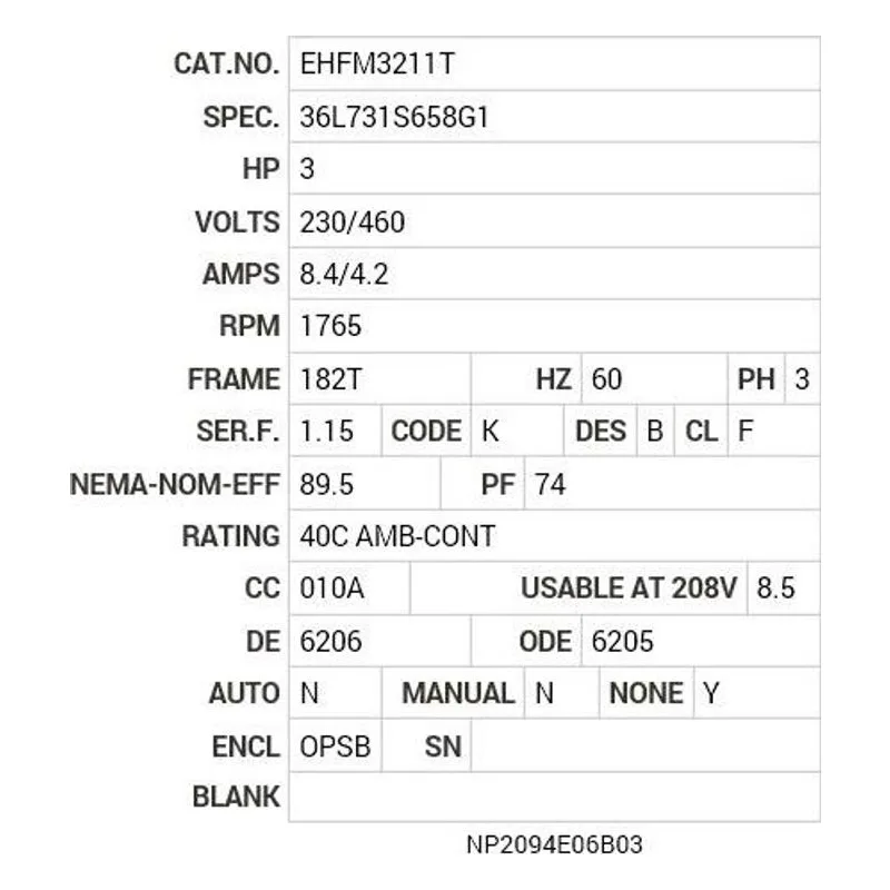 EHFM3211T Baldor 3 HP, 1765 RPM, 3 PH, 60 HZ, 182T, 3630M, OPSB, F2 Motor Nameplate - view 2