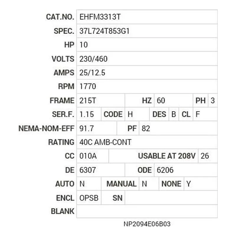 EHFM3313T Baldor 10 HP, 1770 RPM, 3 PH, 60 HZ, 215T, 3739M, OPSB, F2 Motor Nameplate - view 2