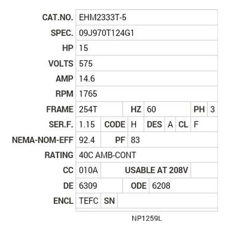EHM2333T-5 Baldor 15 HP, 1765 RPM, 3 PH, 60 HZ, 254T, 0944M, TEFC, F1 Motor Nameplate - view 2