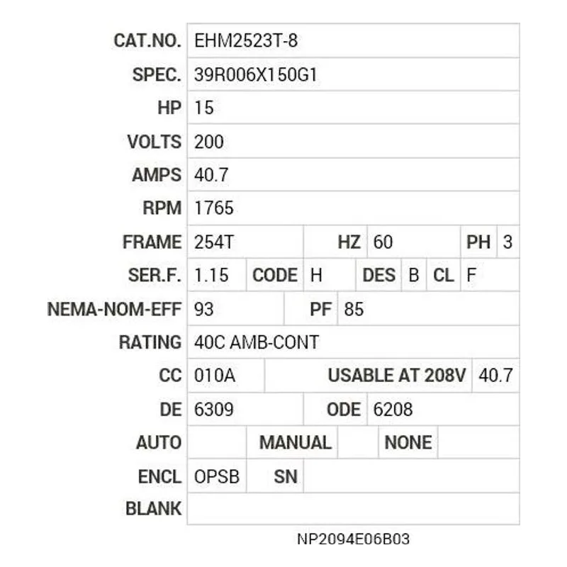 EHM2523T-8 Baldor 15 HP, 1765 RPM, 3 PH, 60 HZ, 254T, 3938M, OPSB, F1 Motor Nameplate - view 2