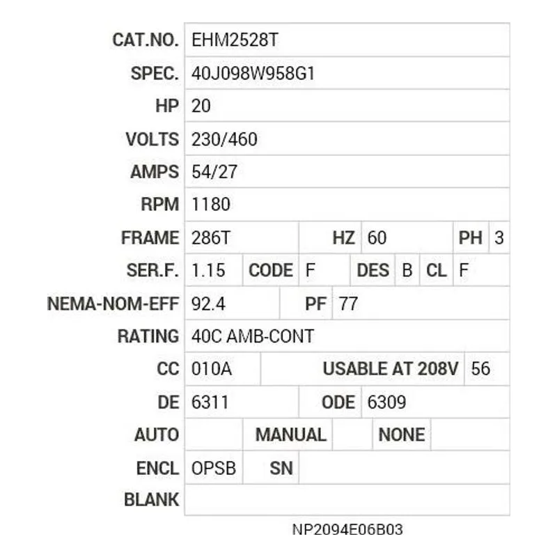 EHM2528T Baldor 20 HP, 1180 RPM, 3 PH, 60 HZ, 286T, 4044M, OPSB, F1 Motor Nameplate - view 2