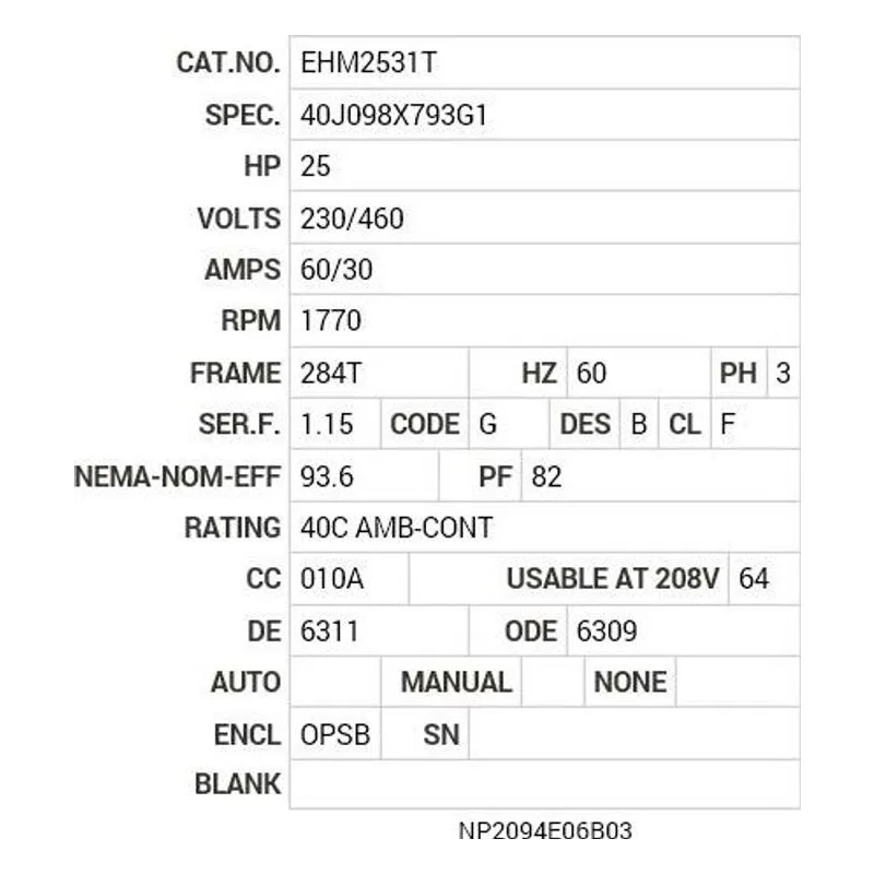 EHM2531T Baldor 25 HP, 1760 RPM, 3 PH, 60 HZ, 284T, 4046M, OPSB, F1 Motor Nameplate - view 2
