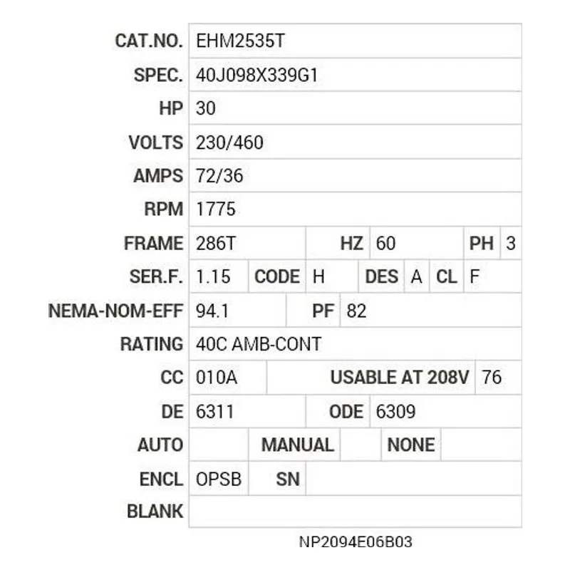 EHM2535T Baldor 30 HP, 1775 RPM, 3 PH, 60 HZ, 286T, 4060M, OPSB, F1 Motor Nameplate - view 2