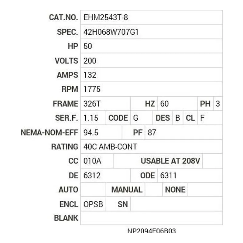 EHM2543T-8 Baldor 50 HP, 1775 RPM, 3 PH, 60 HZ, 326T, 4256M, OPSB, F1 Motor Nameplate - view 2