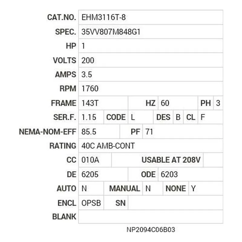 EHM3116T-8 Baldor 1 HP, 1760 RPM, 3 PH, 60 HZ, 143T, 3519M, OPSB, F1 Motor Nameplate - view 2