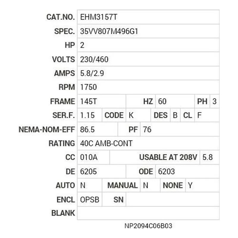 EHM3157T Baldor 2 HP, 1750 RPM, 3 PH, 60 HZ, 145T, 3525M, OPSB, F1 Motor Nameplate - view 2