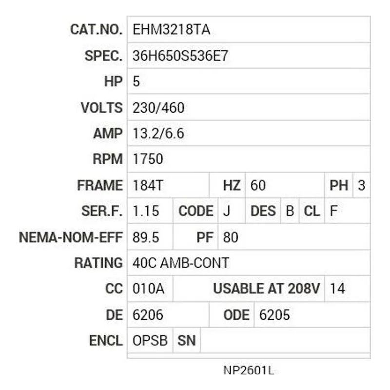 EHM3218TA Baldor 5 HP, 1750 RPM, 3 PH, 60 HZ, 184T, 3640M, OPSB, F3 Motor Nameplate - view 2