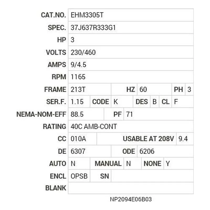EHM3305T Baldor 3 HP, 1165 RPM, 3 PH, 60 HZ, 213T, 3733M, OPSB, F1 Motor Nameplate - view 2