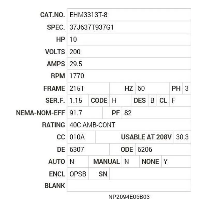 EHM3313T-8 Baldor 10 HP, 1770 RPM, 3 PH, 60 HZ, 215T, 3739M, OPSB, F1 Motor Nameplate - view 2