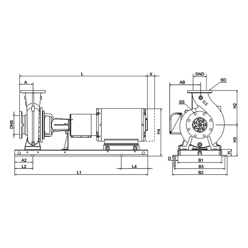 Dimensional drawing for Grundfos NK 015-095/7.48AG1G6S3ESBQQEPX2 showing 4 mounting hole configuration for installation - view 4
