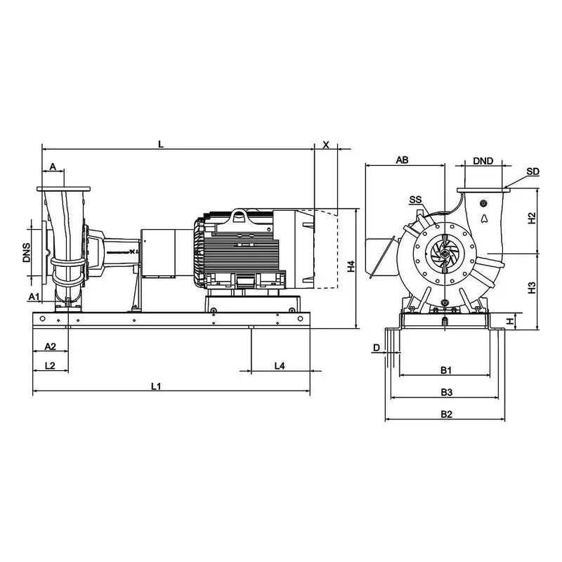 Dimensional drawing for Grundfos NK 080-150/15.59AGA1G6S3ESBQQEUY6 showing 4 mounting hole configuration for installation - view 4