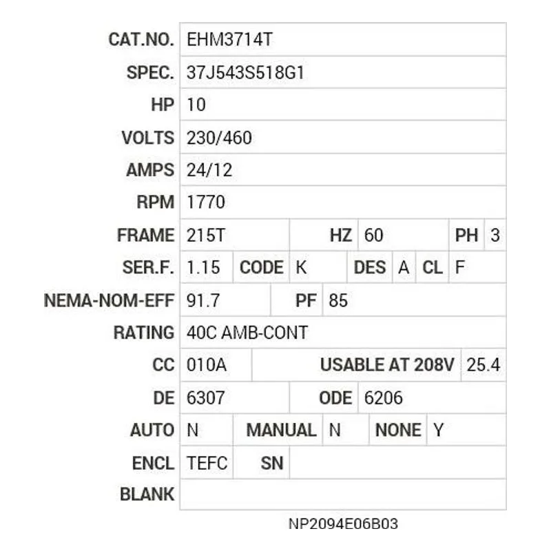 EHM3714T Baldor 10 HP, 1770 RPM, 3 PH, 60 HZ, 215T, 3752M, TEFC, F1 Motor Nameplate - view 2