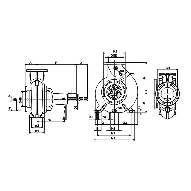 Dimensional drawing for Grundfos NK 50-200/219AY1F2AESBAQEXW3 showing 4 mounting hole configuration for installation - view 2