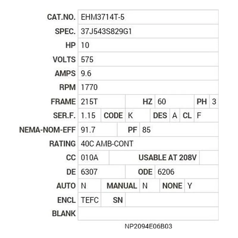 EHM3714T-5 Baldor 10 HP, 1770 RPM, 3 PH, 60 HZ, 215T, 3752M, TEFC, F1 Motor Nameplate - view 2