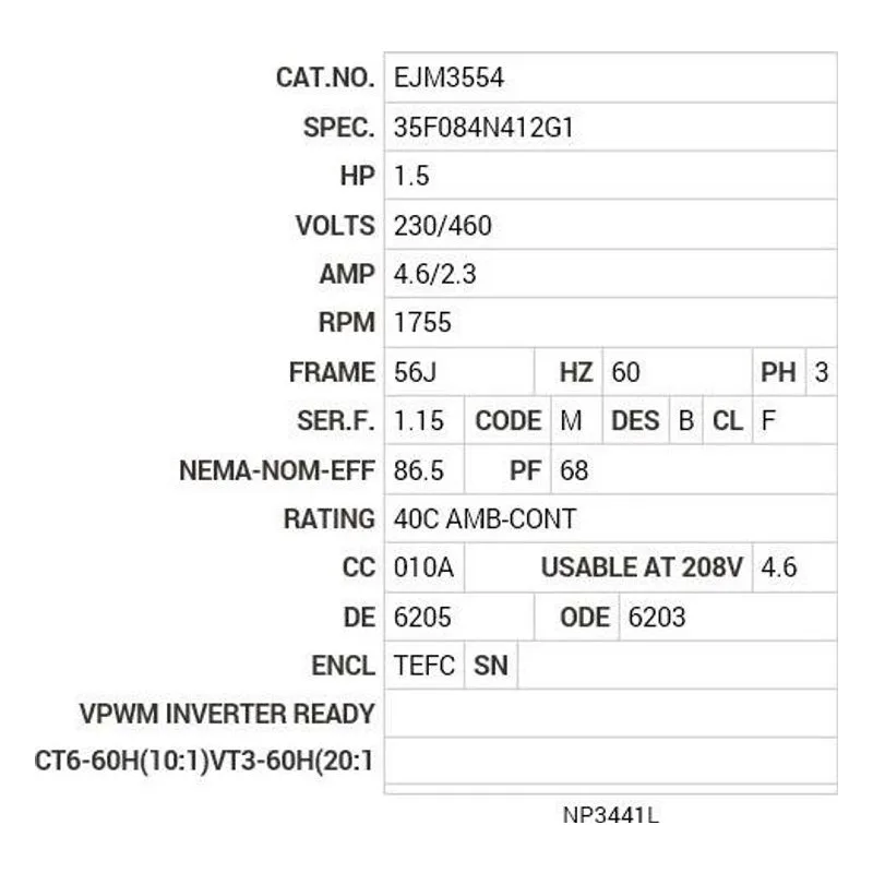 EJM3554 Baldor 1.5 HP, 1755 RPM, 3 PH, 60 HZ, 56J, 3526M, TEFC, F1 Motor Nameplate - view 2