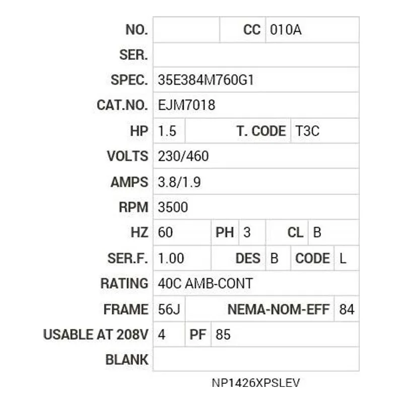 EJM7018 Baldor 1.5 HP, 3500 RPM, 3 PH, 60 HZ, 56J, 3520M, XPFC, F1 Motor Nameplate - view 2