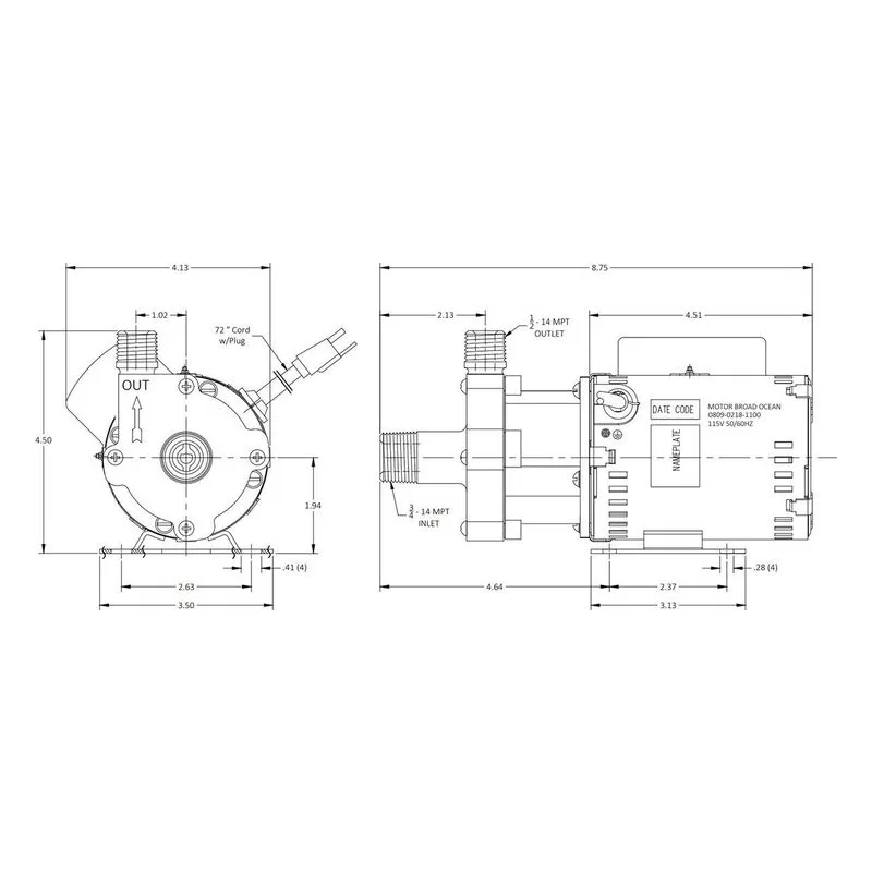 0809-0259-0100 March Pumps 809-BR-HS-C 115V, 7.5 GPM (28.4 LPM), 150 PSI (10.3 Bar), Broad Ocean Motor, Ryton / Teflon / Glass Impeller - view 3
