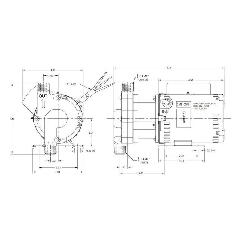 0809-0261-0200 March Pumps 809-PL-HS 230V Dimensions, 6 GPM (22.7 LPM), 50 PSI (3.4 Bar), Ryton / Teflon / Glass Impeller - view 3