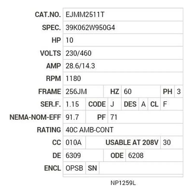 EJMM2511T Baldor 10 HP, 1180 RPM, 3 PH, 60 HZ, 256JM, 3954M, OPSB, F Motor Nameplate - view 2