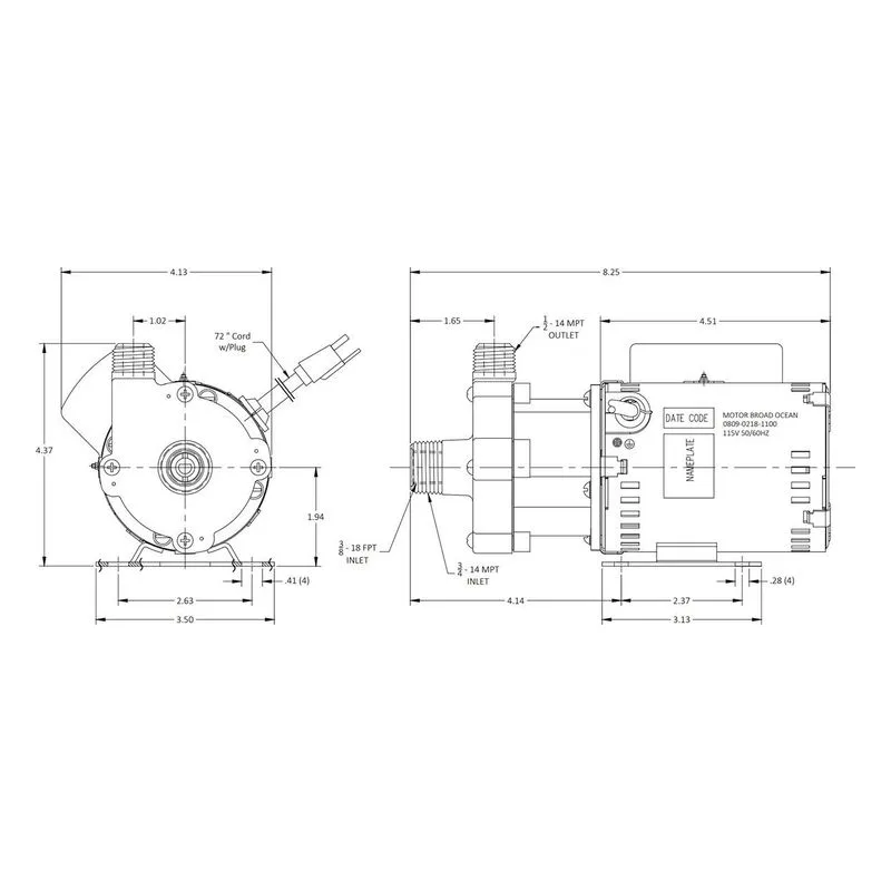 0809-0258-0100 March Pumps 809-PL-HS-C 115V Dimensions, 7.5 GPM (28.4 LPM), 50 PSI (3.4 Bar), Ryton / Teflon / Glass Impeller - view 3