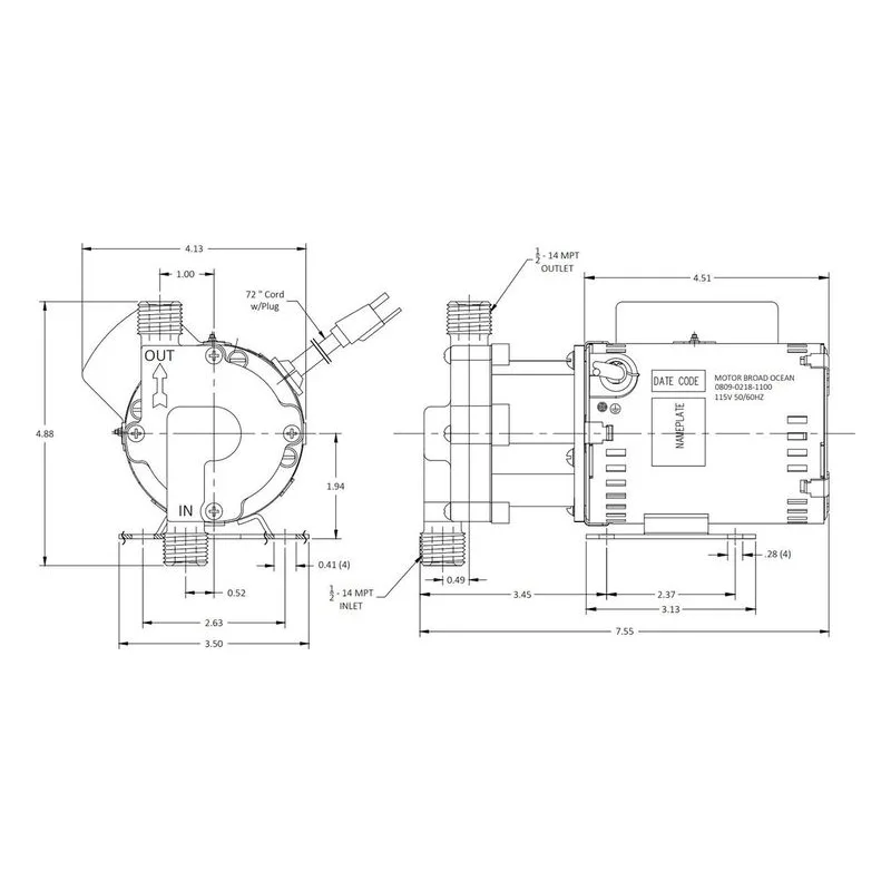 0809-0260-0100 March Pumps 809-SS-HS 115V Dimensions, 6 GPM (22.7 LPM), 150 PSI (10.3 Bar), Ryton / Teflon / Glass Impeller - view 3