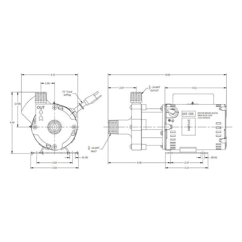 0809-0257-0100 March Pumps 809-SS-HS-C 115V Dimensions, 7.5 GPM (28.4 LPM), 150 PSI (10.3 Bar), Ryton / Teflon / Glass Impeller - view 3