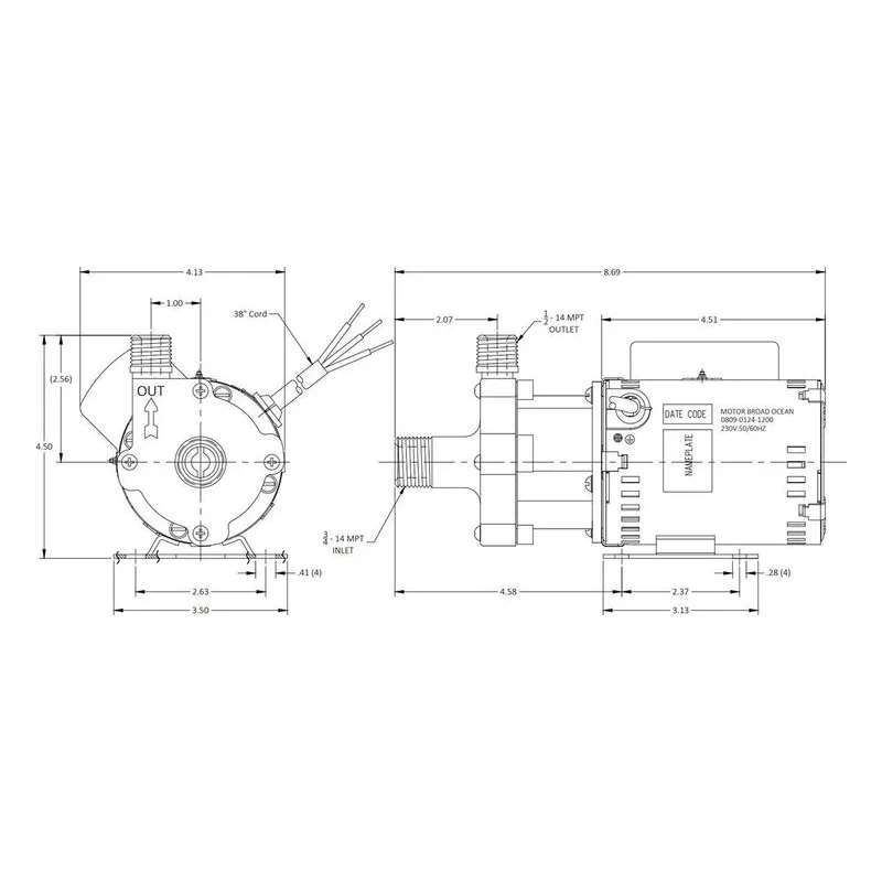 0809-0257-0200 March Pumps 809-SS-HS-C 230V Dimensions, 7.5 GPM (28.4 LPM), 150 PSI (10.3 Bar), Ryton / Teflon / Glass Impeller - view 3