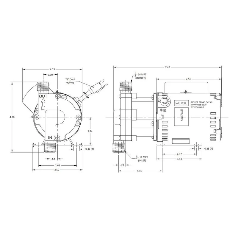 0809-0270-0100 March Pumps 815-BR 115V Dimensions, 7 GPM (26.5 LPM), 150 PSI (10.3 Bar), Ryton / Teflon / Glass Impeller - view 3