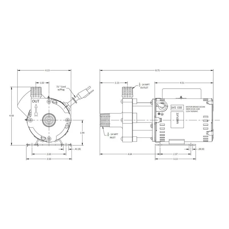 0809-0267-0100 March Pumps 815-BR-C 115V Dimensions, 8 GPM (30.3 LPM), 150 PSI (10.3 Bar), Ryton / Teflon / Glass Impeller - view 3