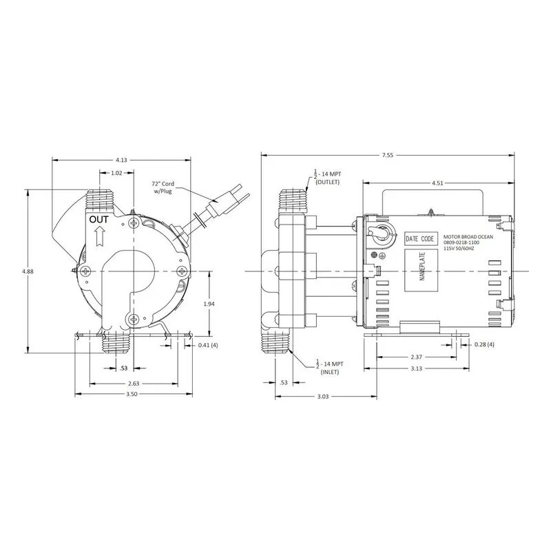 0809-0269-0100 March Pumps 815-PL 115V Dimensions, 7 GPM (26.5 LPM), 50 PSI (3.4 Bar), Ryton / Teflon / Glass Impeller - view 3