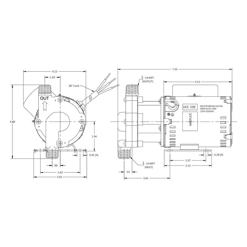 0809-0269-0200 March Pumps 815-PL 230V Dimensions, 7 GPM (26.5 LPM), 50 PSI (3.4 Bar), Ryton / Teflon / Glass Impeller - view 3