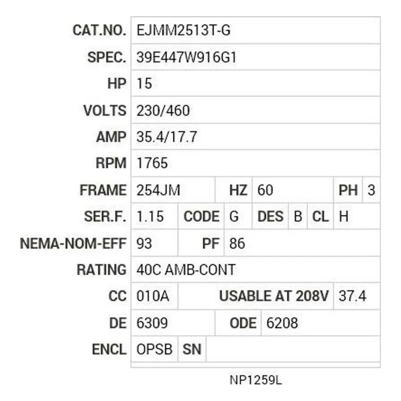 EJMM2513T-G Baldor 15 HP, 1765 RPM, 3 PH, 60 HZ, 254JM, 3938M, OPSB, F Motor Nameplate - view 2