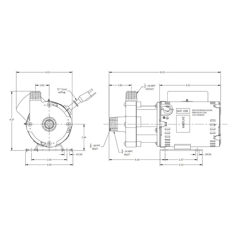 0809-0266-0100 March Pumps 815-PL-C 115V Dimensions, 8 GPM (30.3 LPM), 50 PSI (3.4 Bar), Ryton / Teflon / Glass Impeller - view 3