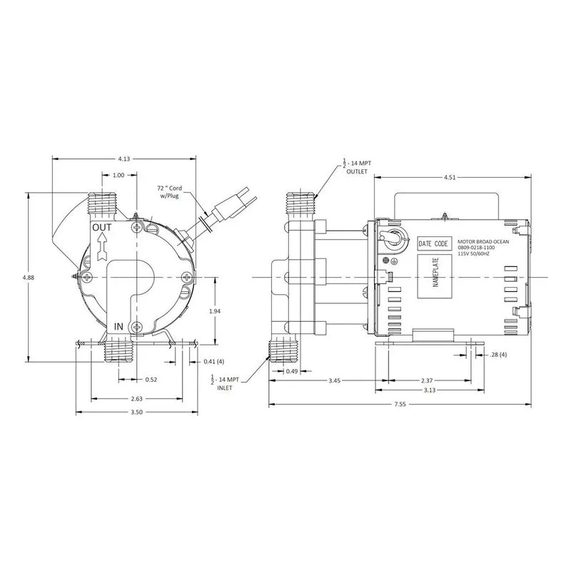 0809-0268-0100 March Pumps 815-SS 115V Dimensions, 7 GPM (26.5 LPM), 150 PSI (10.3 Bar), Ryton / Teflon / Glass Impeller - view 3