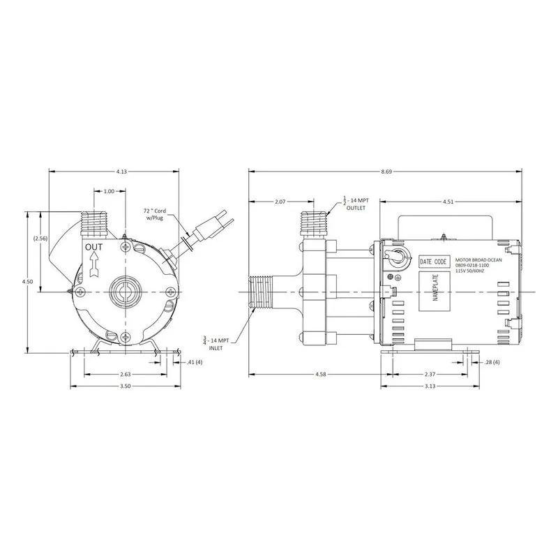 0809-0265-0100 March Pumps 815-SS-C 115V Dimensions, 8 GPM (30.3 LPM), 150 PSI (10.3 Bar), Ryton / Teflon / Glass Impeller - view 3