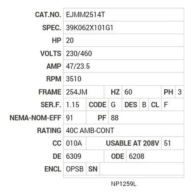 EJMM2514T Baldor 20 HP, 3510 RPM, 3 PH, 60 HZ, 254JM, 3928M, OPSB, F Motor Nameplate - view 2