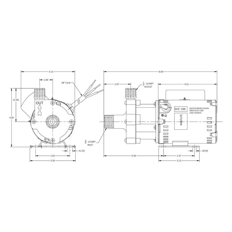 0809-0265-0200 March Pumps 815-SS-C 230V Dimensions, 8 GPM (30.3 LPM), 150 PSI (10.3 Bar), Ryton / Teflon / Glass Impeller - view 3