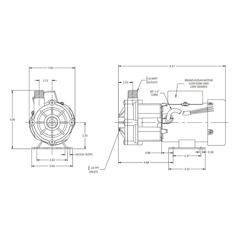 0130-0193-0100 March Pumps BC-3CP-MD 230V Dimensions, 10 GPM (37.8 LPM), 50 PSI (3.4 Bar), Polypropylene Impeller - view 3