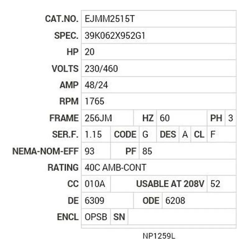 EJMM2515T Baldor 20 HP, 1765 RPM, 3 PH, 60 HZ, 256JM, 3948M, OPSB, F Motor Nameplate - view 2