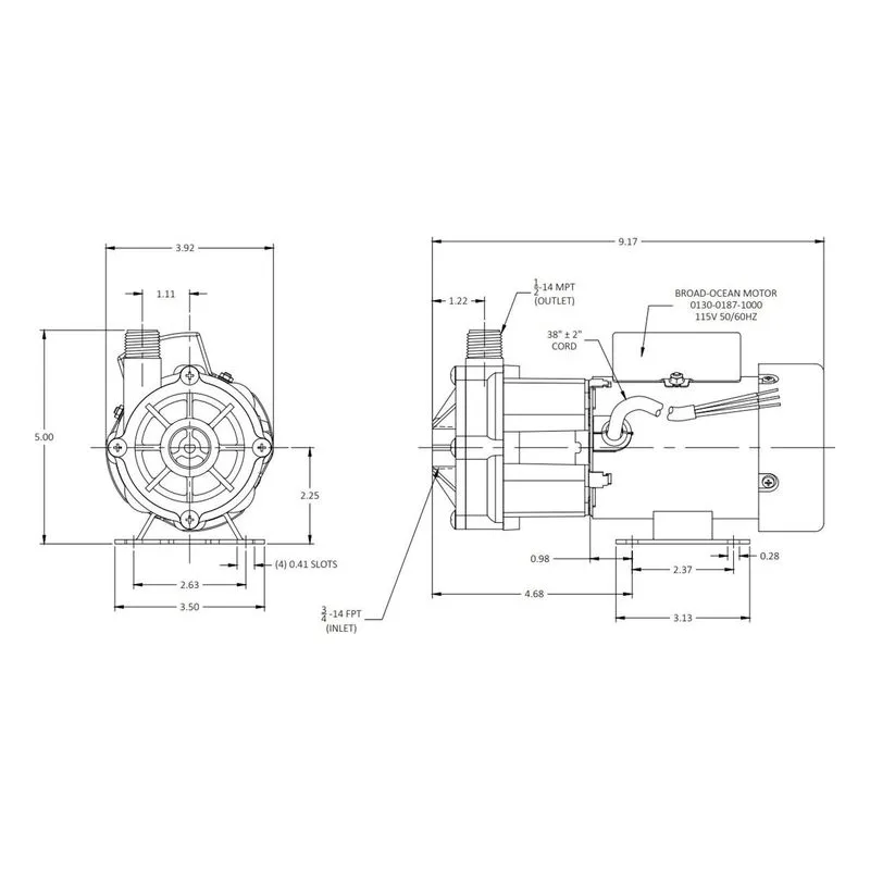 0130-0201-0100 March Pumps BC-3K-MD 115V Dimensions, 10 GPM (37.8 LPM), 75 PSI (5.2 Bar), Carbon Filled Kynar Impeller - view 3