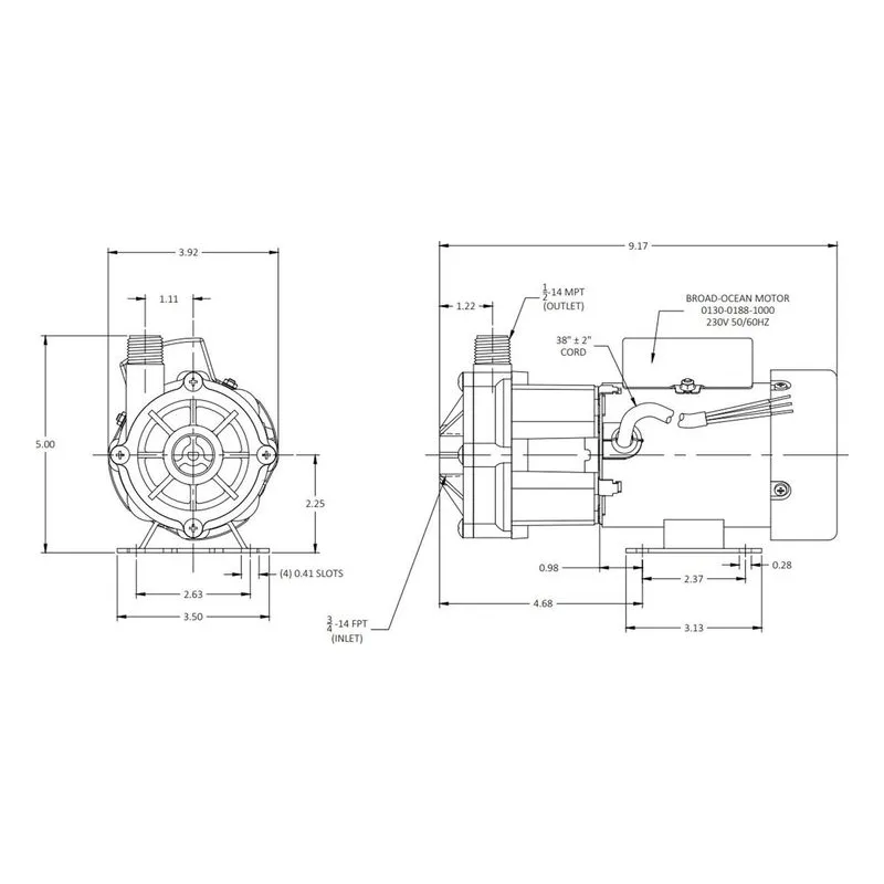 0130-0202-0100 March Pumps BC-3K-MD 230V Dimensions, 10 GPM (37.8 LPM), 75 PSI (5.2 Bar), Carbon Filled Kynar Impeller - view 3