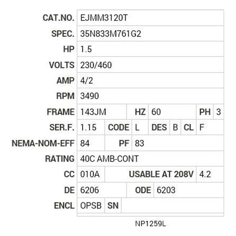 EJMM3120T Baldor 1.5 HP, 3490 RPM, 3 PH, 60 HZ, 143JM, 3518M, OPSB Motor Nameplate - view 2