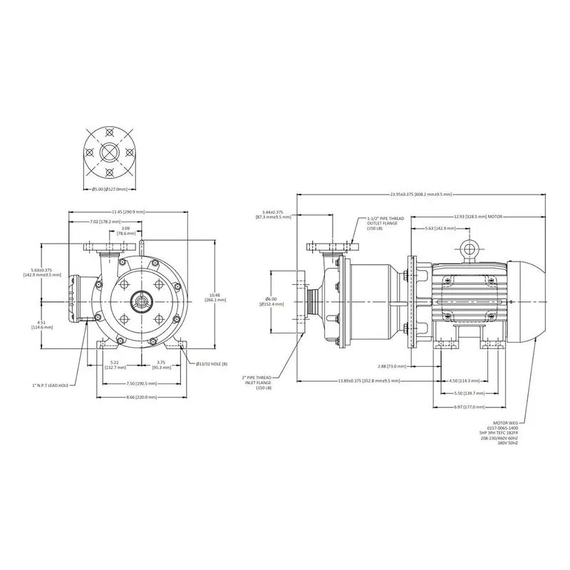 0157-0253-0100 March Pumps Flanged TE-8S-MD Dimensions, 120 GPM (454 LPM), 200 PSI (13.7 Bar), 316 Stainless Steel Impeller - view 3