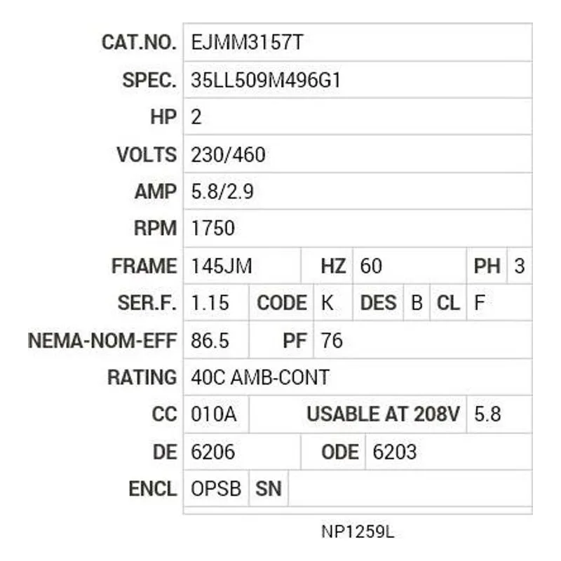 EJMM3157T Baldor 2 HP, 1750 RPM, 3 PH, 60 HZ, 145JM, 3525M, OPSB, F1 Motor Nameplate - view 2